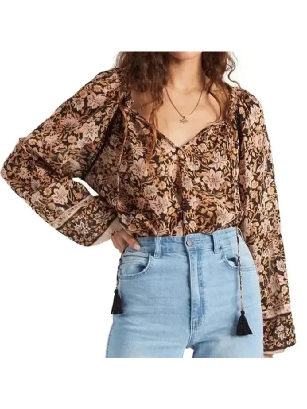 Billabong Gypset Floral Boho Peasant Balloon Sleeve Blouse